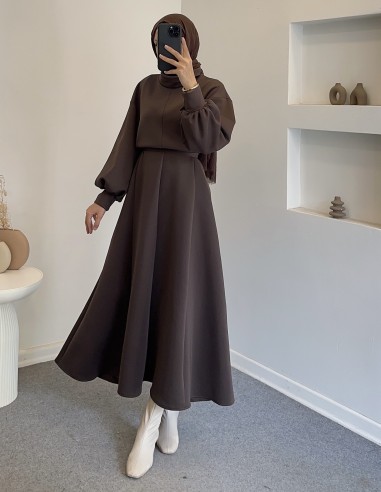 2907 scuba balon kol elbise -kahverengi