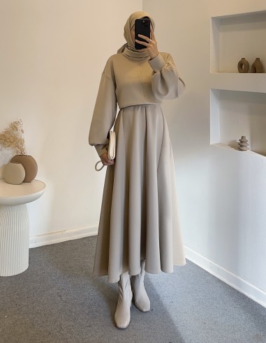 2907 scuba balon kol elbise -bej