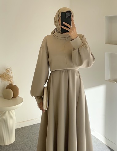 2907 scuba balon kol elbise -bej