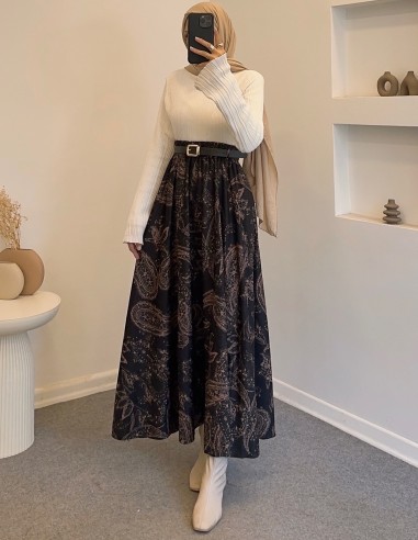 346 etnik desen kemerli etek - Acı kahve