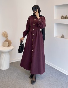 034 düğmeli kot elbise -Bordo