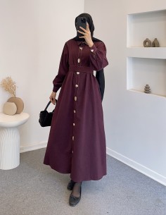 034 düğmeli kot elbise -Bordo 2