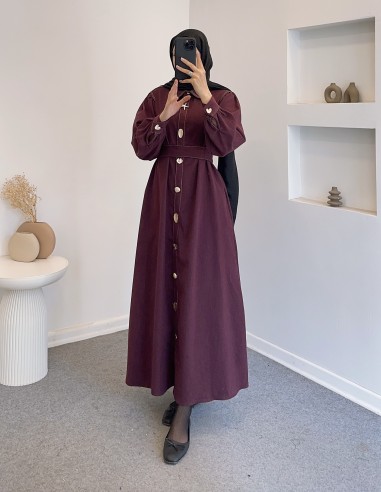 034 düğmeli kot elbise -Bordo