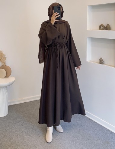 6114 bel bağlamalı elbise - kahverengi