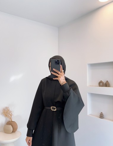 6925 omuzdan şallı elbise -Siyah