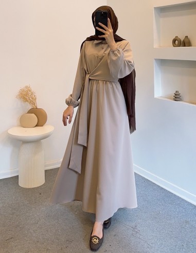 7332 belden sıkmalı elbise - Bej