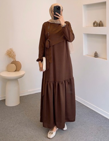 6118 kuş göz saten elbise - kahverengi