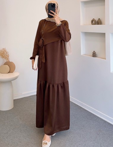 6118 kuş göz saten elbise - kahverengi