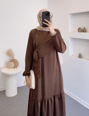 6118 kuş göz saten elbise - kahverengi