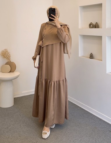 6118 kuş göz saten elbise - camel