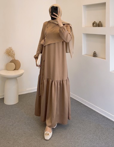 6118 kuş göz saten elbise - camel