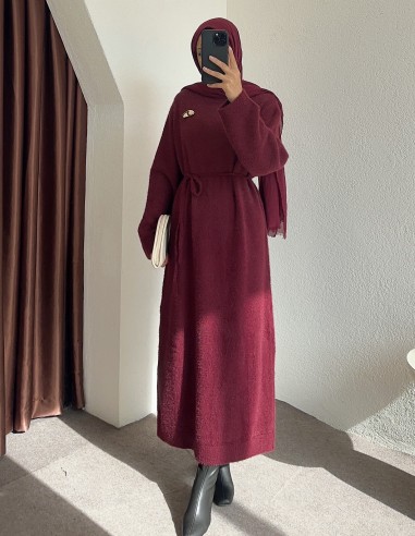 HK26023 broş aksesuarlı elbise - bordo