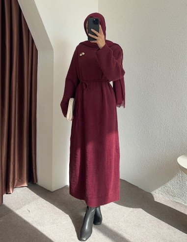 HK26023 broş aksesuarlı elbise - bordo