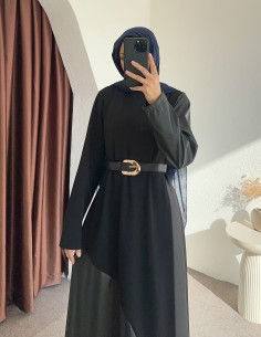 6451 deri detay elbise - siyah 2