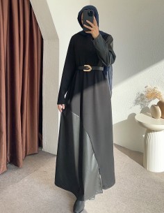 6451 deri detay elbise - siyah