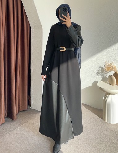 6451 deri detay elbise - siyah