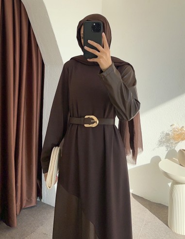 6451 deri detay elbise - kahverengi