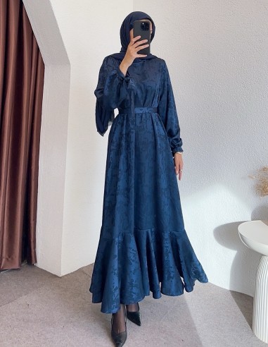 6100 desenli saten elbise - lacivert