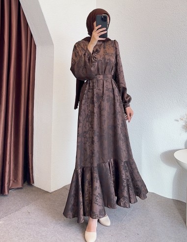 6100 desenli saten elbise - Kahverengi