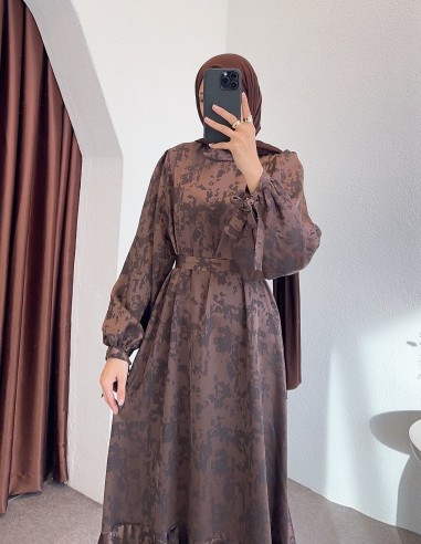 6100 desenli saten elbise - Kahverengi