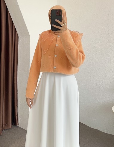 2624 bebe yaka tüllü hırka - Turuncu