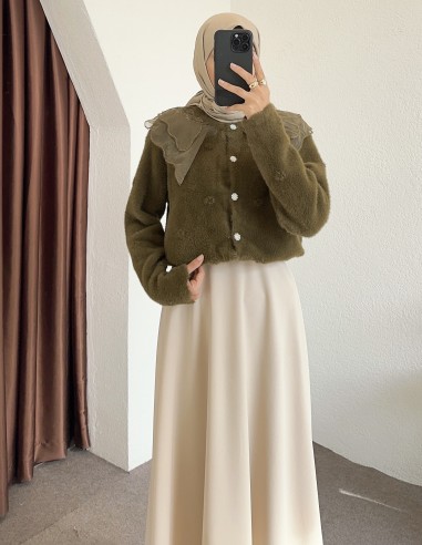 2624 bebe yaka tüllü hırka - Yeşil