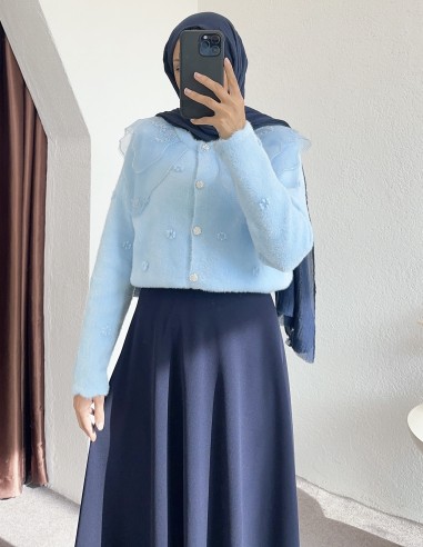 2624 bebe yaka tüllü hırka - Mavi