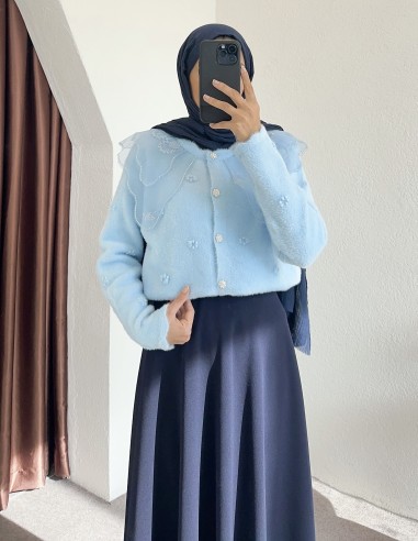 2624 bebe yaka tüllü hırka - Mavi