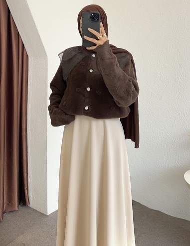 2624 bebe yaka tüllü hırka - kahverengi