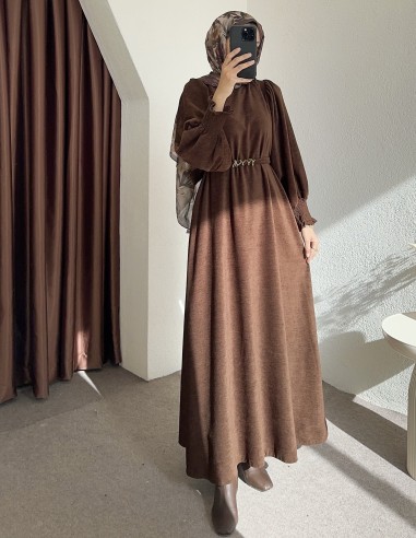 6120 koldan sıkmalı elbise - kahverengi