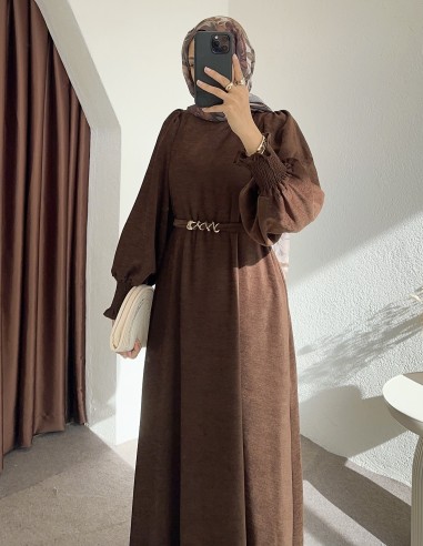 6120 koldan sıkmalı elbise - kahverengi