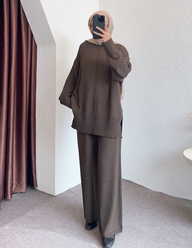 04604 tek yaka takım -Kahverengi