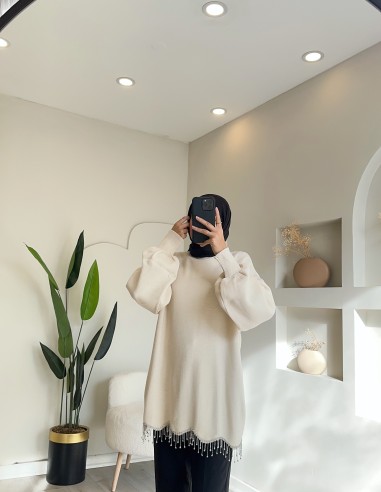 230800 eteği taşlı triko tunik - krem