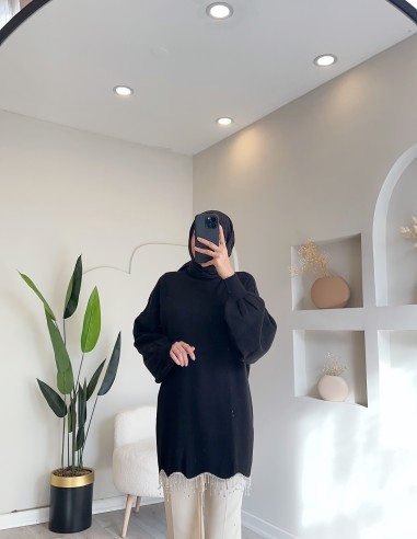 230800 eteği taşlı triko tunik - siyah