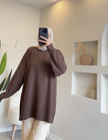 2914 düz triko tunik - Kahverengi