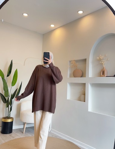 2914 düz triko tunik - Kahverengi