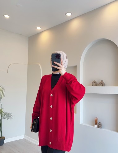 404747 Salaş Düğmeli Hırka Kırmızı