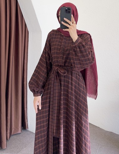 K1875 desenli elbise - bordo