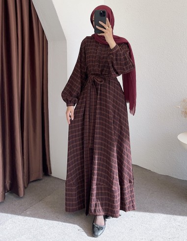 K1875 desenli elbise - bordo