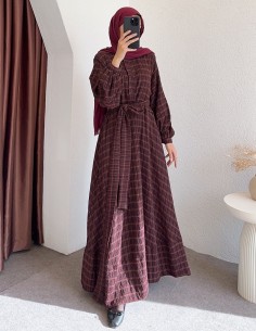 K1875 desenli elbise - bordo