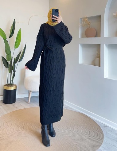 HK25134 saç örgü motifli triko elbise...