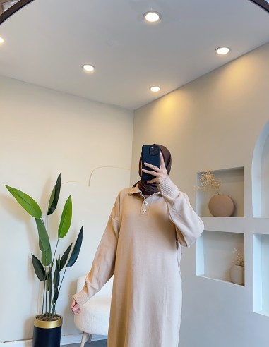 2941 düğmeli triko elbise - bej