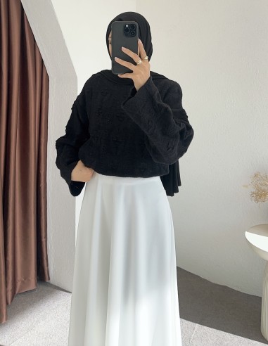 HK25135 Ajur örgü ponponlu kazak - Siyah