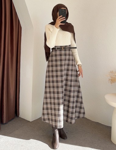 e238 ekose desen etek - Kahverengi