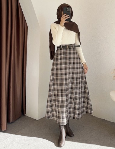 e238 ekose desen etek - Kahverengi