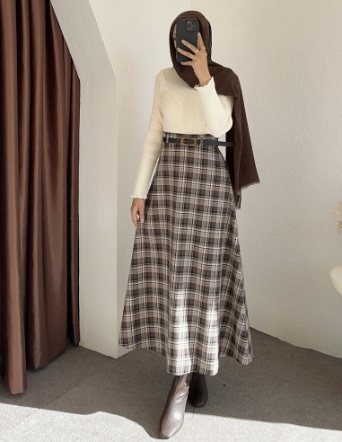 e238 ekose desen etek - Kahverengi