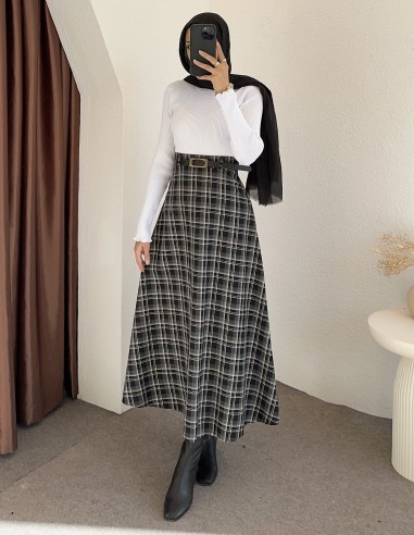 e238 ekose desen etek -Siyah