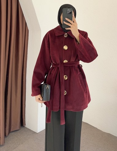 HK26095 gold düğmeli kaban - bordo