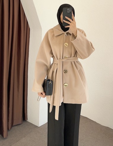HK26095 Gold düğmeli kaban - Bej