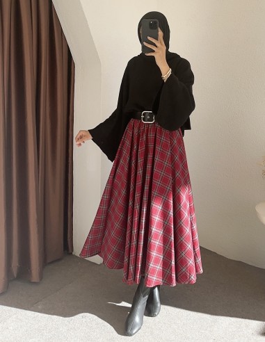 7177 ekose kloş etek- Bordo